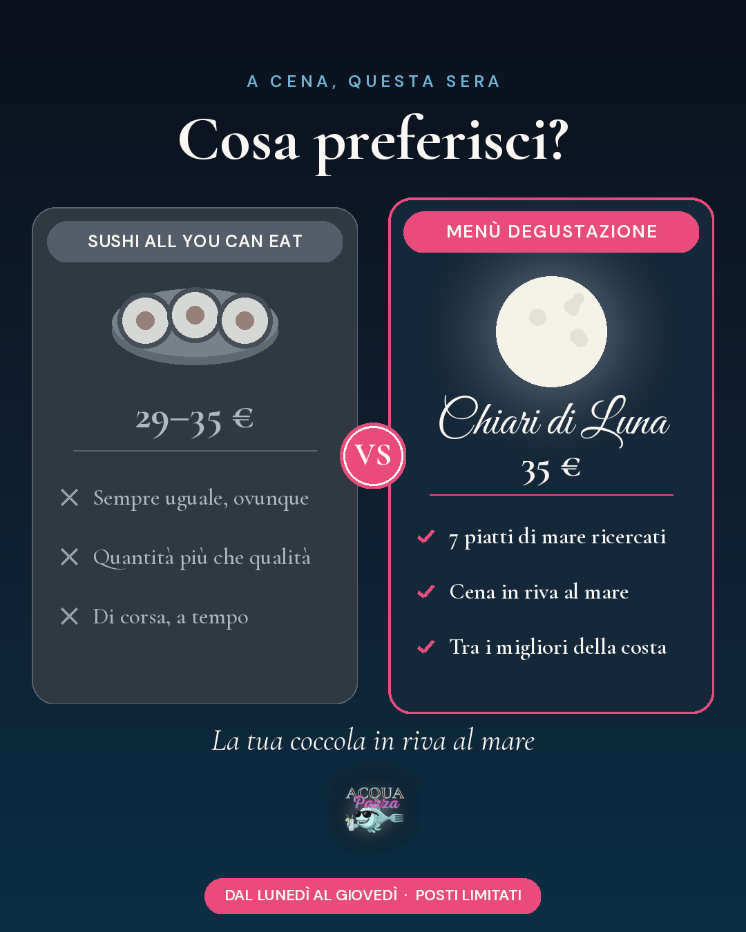 Confronto: sushi all you can eat a 29–35€, sempre uguale e di fretta, contro il menù degustazione Chiari di Luna a 35€ con sette piatti di mare ricercati in riva al mare